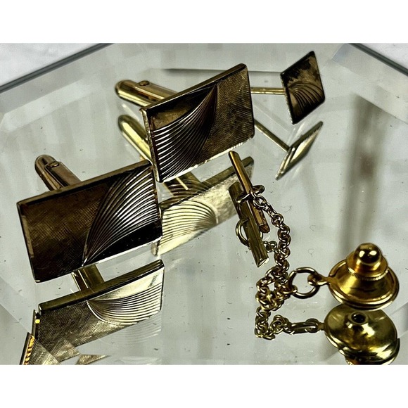 Yellow Gold 14K Filled 1/20th Quality Vintage Cuff Links & Tie Tack Set w/ Box - Picture 8 of 16